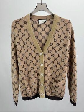 🚩steal Gucci Beige Monogram V-Neck Cardigan with Contrast Trim